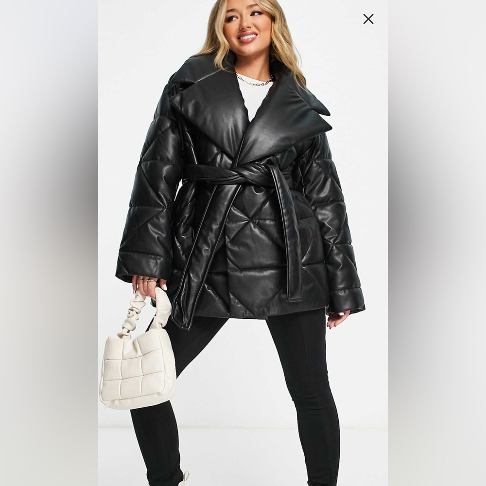 ASOS DESIGN collared puffer faux leather jacket in black